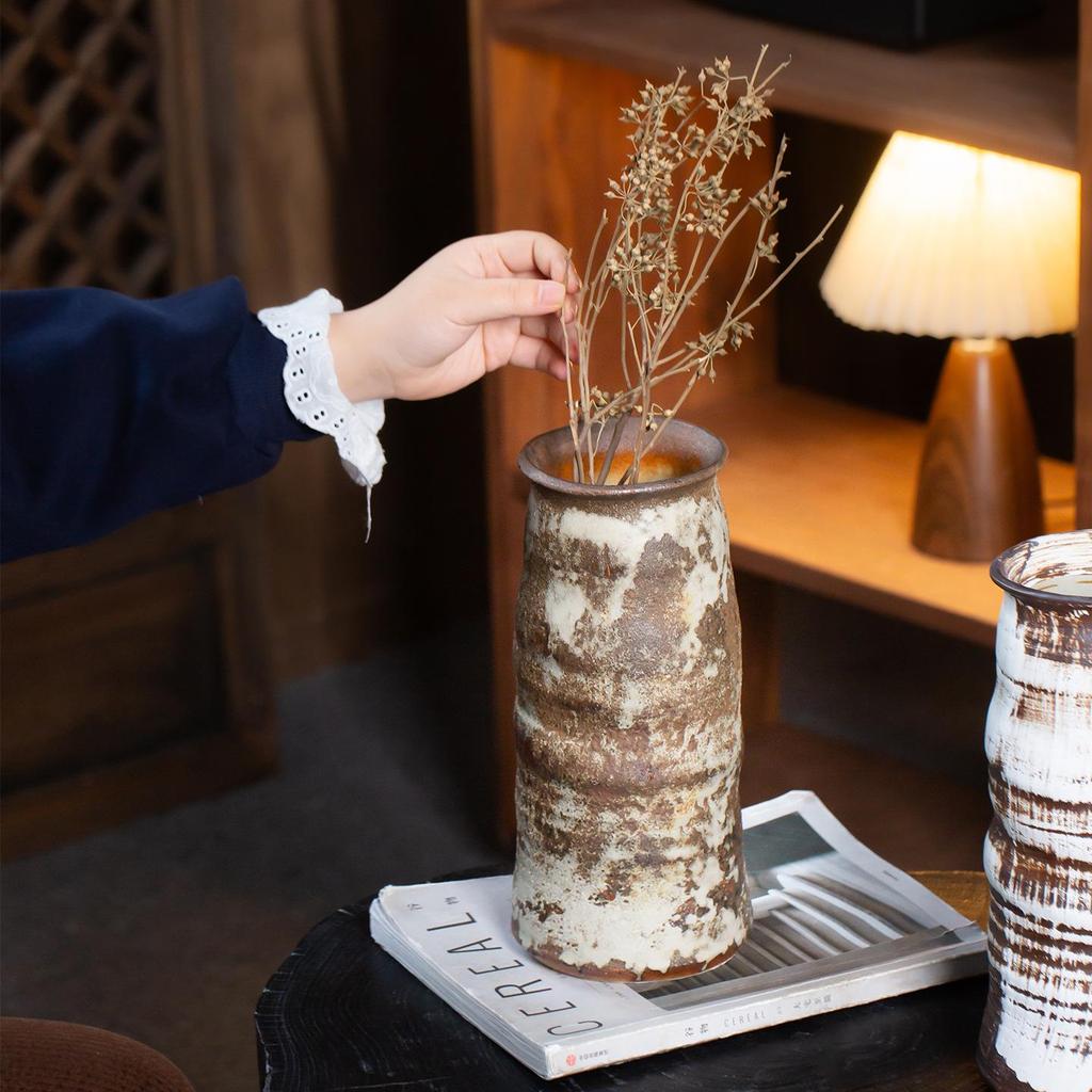 Wabi-Sabi Zen Vintage Ceramic Vase for Flower Arrangement - Coarse Pottery Ornament for Living Room or Dining Table.
