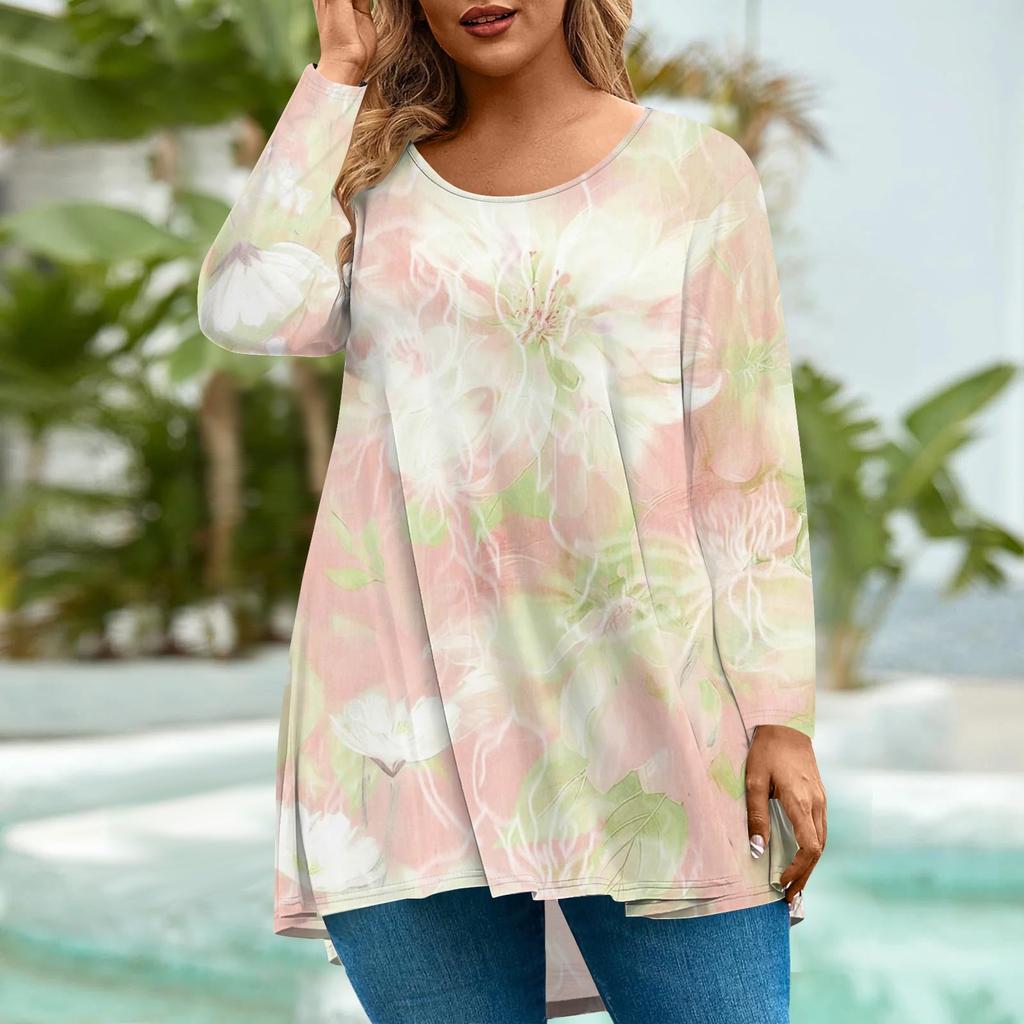 Women's Fashion Large Size Round Neck Long Sleeve Casual Print Loose Pullover Top