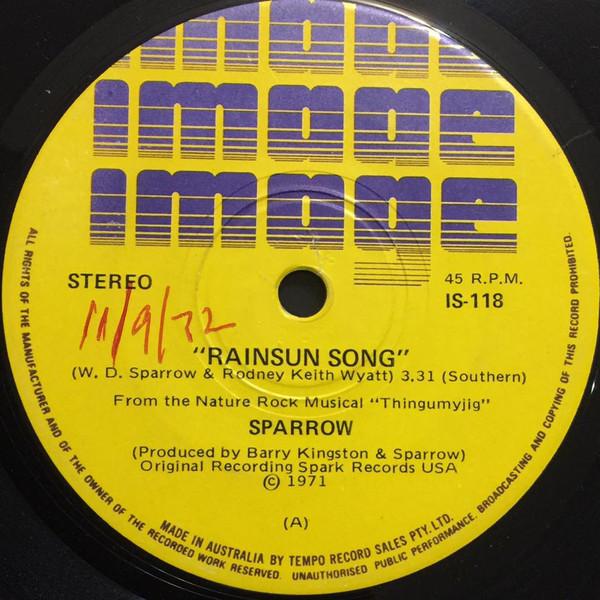 

7-дюймовая пластинка SPARROW Rainsun Song IS118 Изображение 1971 UK Rock Б/у