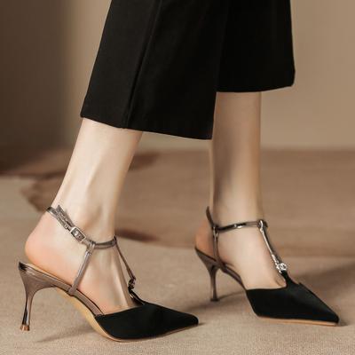 H1933-46 Solid Color Summer Women's Shoes Half Bag Head Rear Empty Stiletto High Heel Sandals Women's Word with Pointed Shoes Children