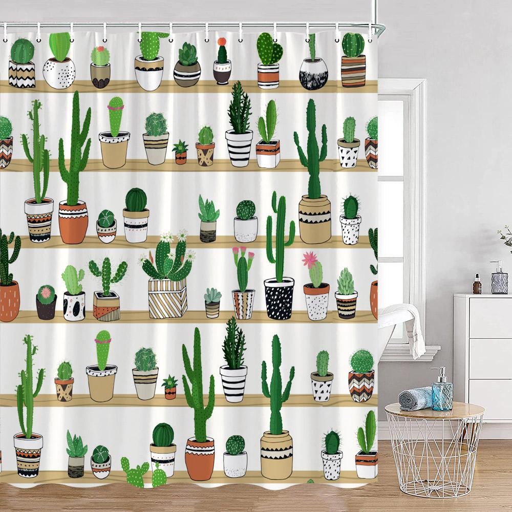Grüne Topfpflanzen Duschvorhänge Cartoon Katzen Hängende Tropische Blätter Dekorationen Für Bad Polyestergewebe Badezimmervorhang