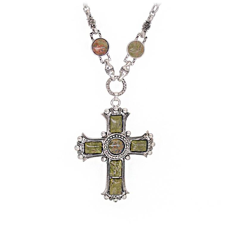 Vintage Cross Pendant Necklace Men Women Turquoise-Inlaid Alloy Snake Chain Statement Jewelry