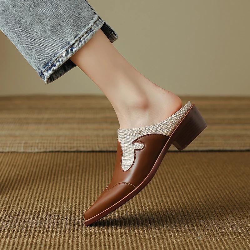 Fashion 2025 Summer Women Shoes Genuine Leather Shoes for Women Covered Toe Chunky Heel Mules Slingback Women Sandals Handmade Slippers