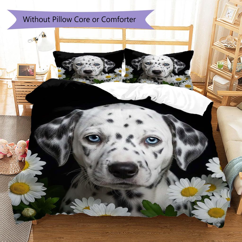 Flowers and dogs Pattern Bedding Quilt Set Quilt Cover Pillowcase Home Decoration Birthday Gift (1 * duvet cover + 2 * pillowcase, without core)