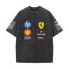 Tricou Vintage Spălat Negru Ferrari F1 Racing Supradimensionat cu Mânecă Scurtă Retro Motorsport Logo Sponsor Imprimat Casual Streetwear Top Larg