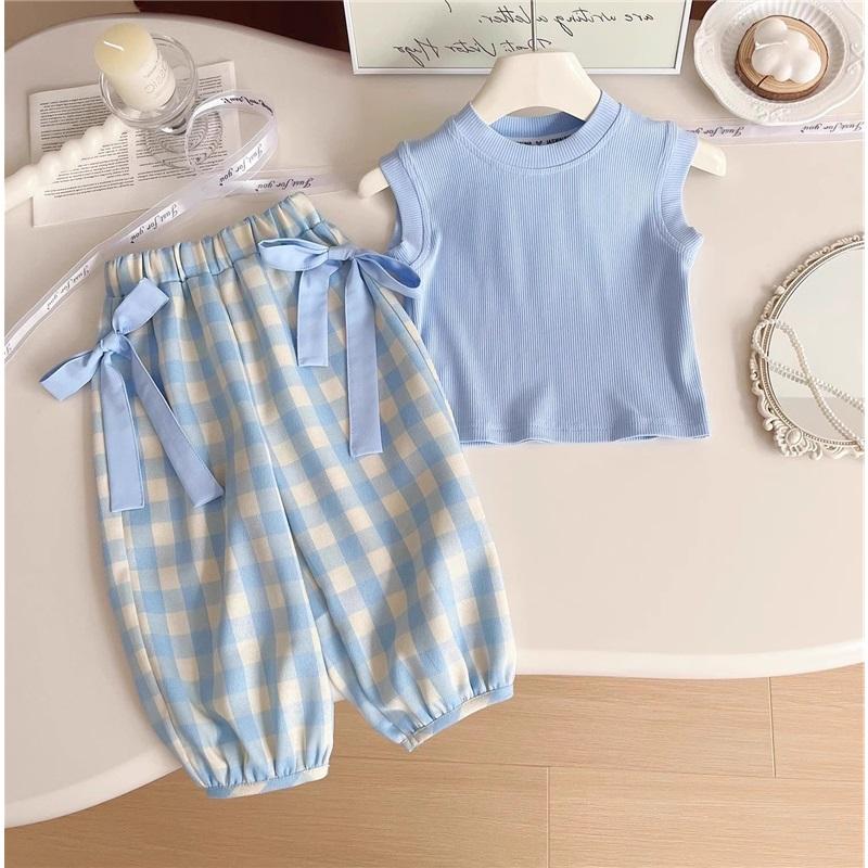 Summer Children's Blue Plaid Suit Sleeveless Top with Bow, Wide-leg Pants, and Crossbody Bag, Three-piece Set
