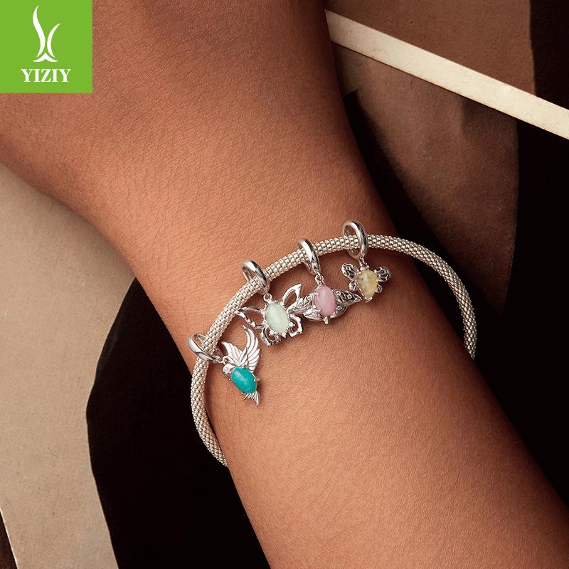 925 Sterling Silver Butterfly Pendant Natural Jade Animal Beads Diy Bracelet Beaded Accessories
