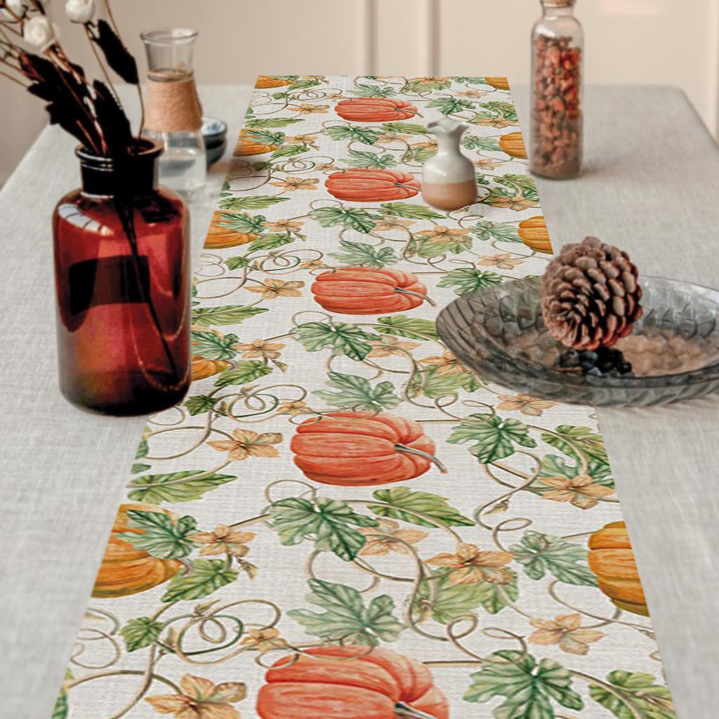 Thanksgiving Fall Harvest Kitchen Table Decorative Tablecloth, Maple Pumpkin Turkey Tablecloth