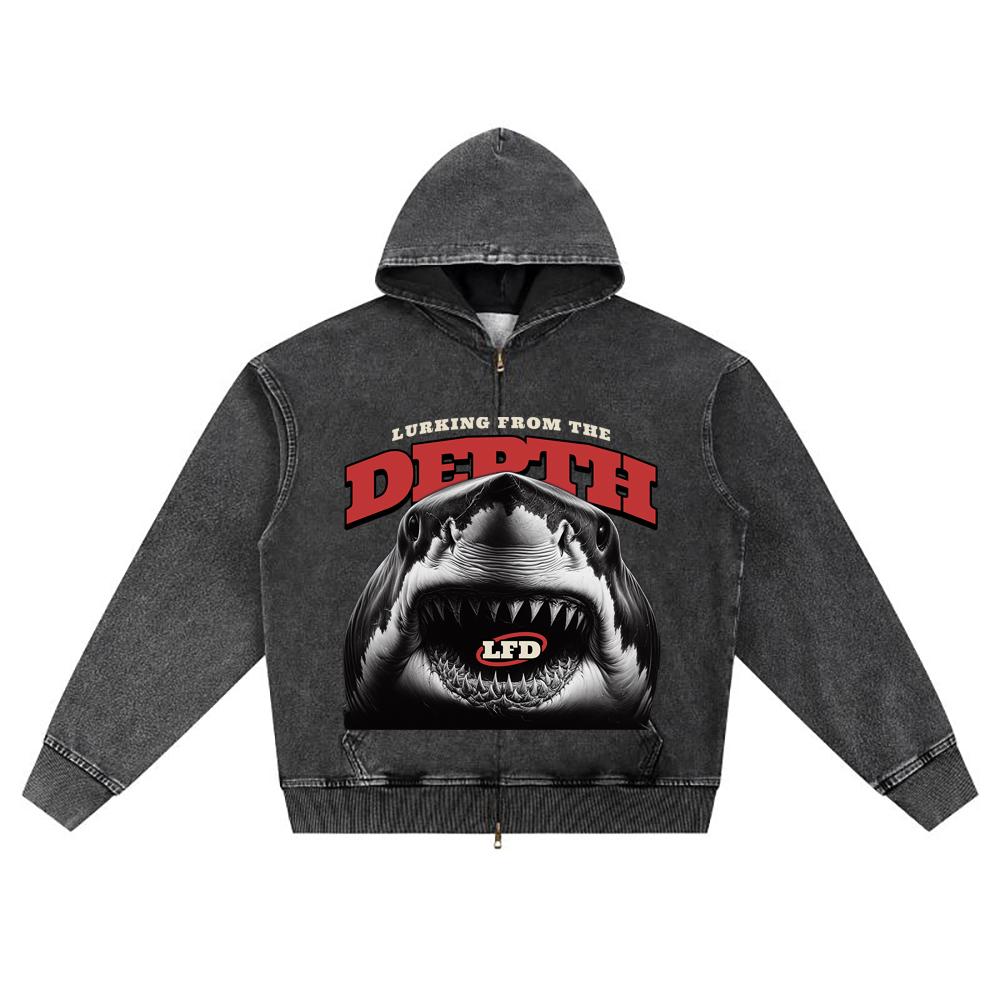 DTG Print Knitted Denim Zip-Up Hoodie Shark Graphic Brother Print Zipper Hoodies  