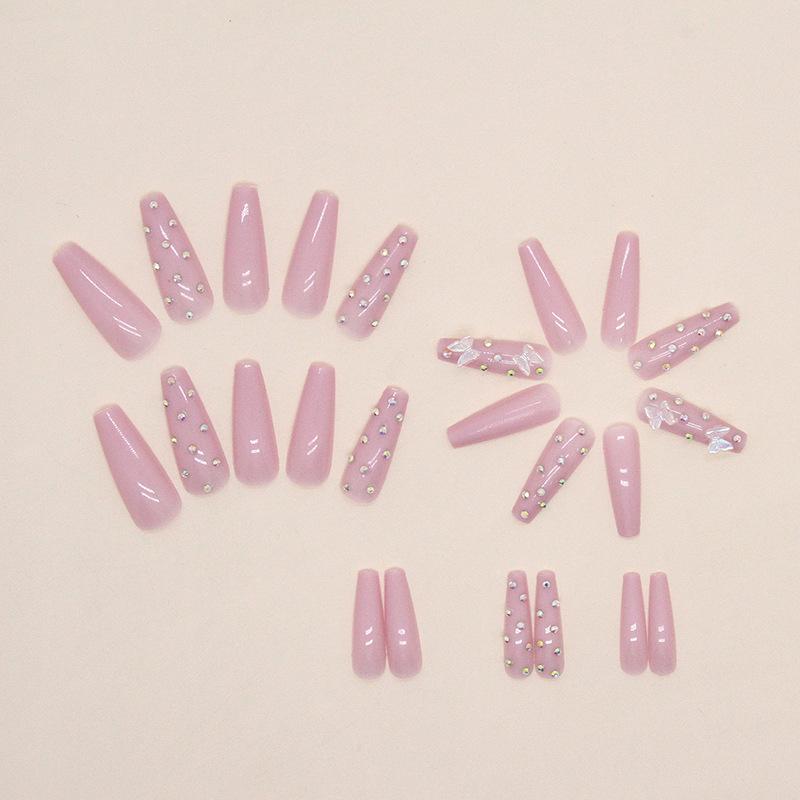 Long Ballet Pink Tender Diamond Crystal Butterfly Nail Art Diamond Wear Nail Piece Fairy Girl Fake Nail Nails