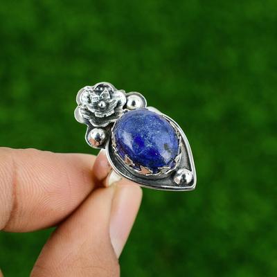 Natürlicher Lapislazuli Edelstein Versprechen Blume Verstellbarer Ring 925 Sterlingsilber