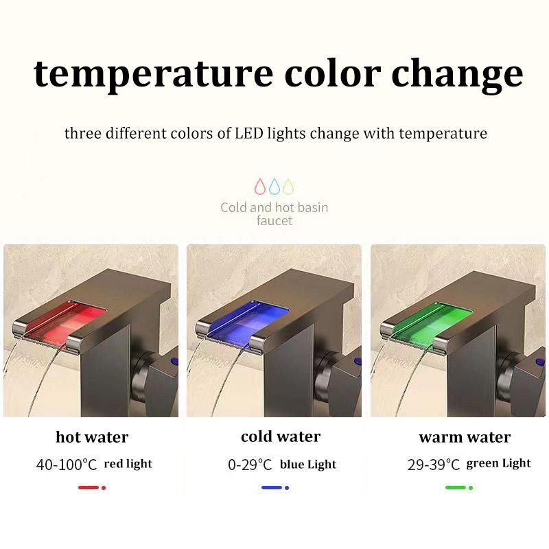 Bathroom 3-Color LED Waterfall Basin Faucet Sink Vanity Tap Household Hydro‑Power Temperature Color Changing Cold Hot Mixer Tap