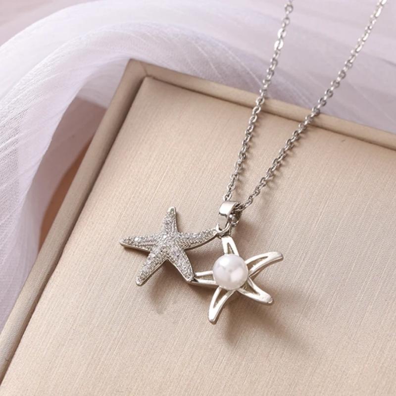1pcs copper micro Set zirconia starfish imitation pearl necklace female senior sense of light luxury collarbone chain jewelry