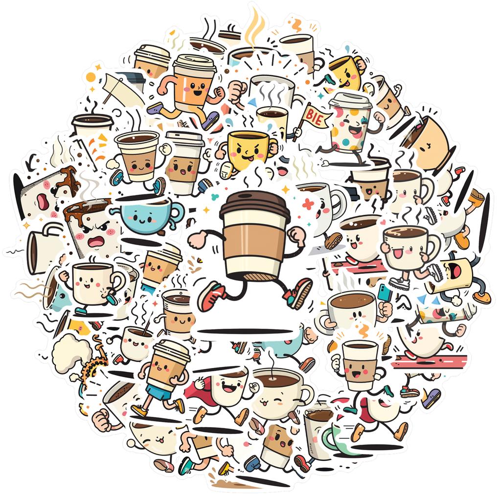 35-100pcs Cartoon Coffee Cup Stickers Waterproof Graffiti Diy For Scrapbook Laptop Water Bottles Coffee Shop Label Stickers