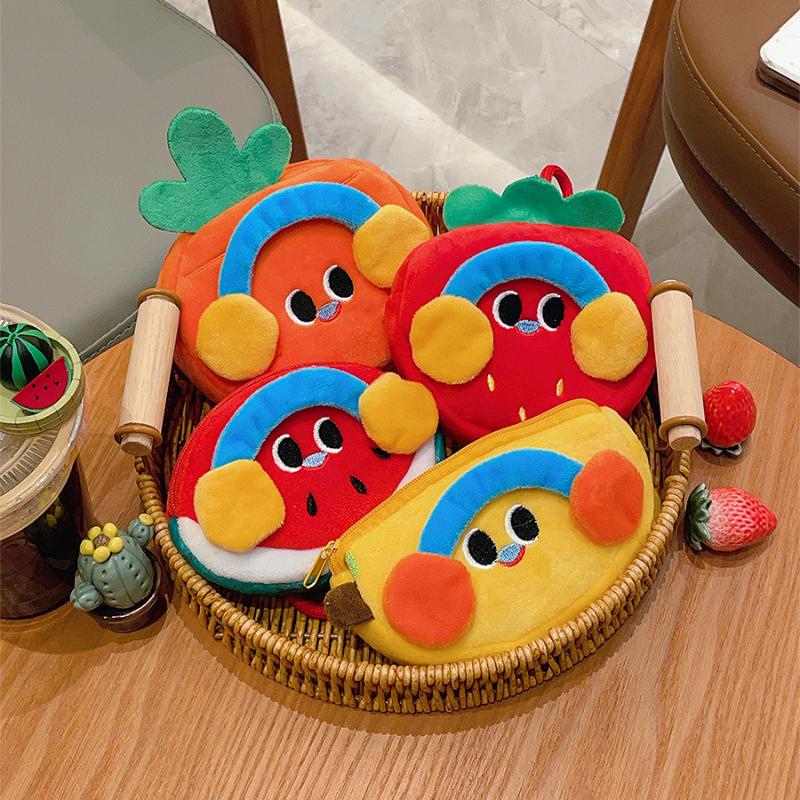 Cute Cartoon Fruit Strawberry Plush Coin Wallet Kawaii Data Cable Jewelry Key Bag Wallet Pendant Portable Accessory Storage Bag