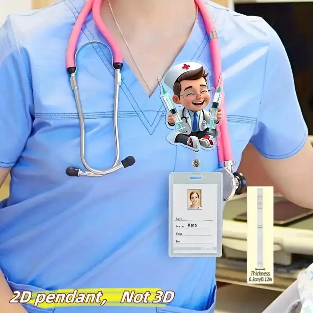 2D Flat Cute Medical Acrylic ID Badge Holder With Retractable Reel Detachable Lanyard, Durable Nurse Card Clip With Smiling Doctor Nurse Pattern