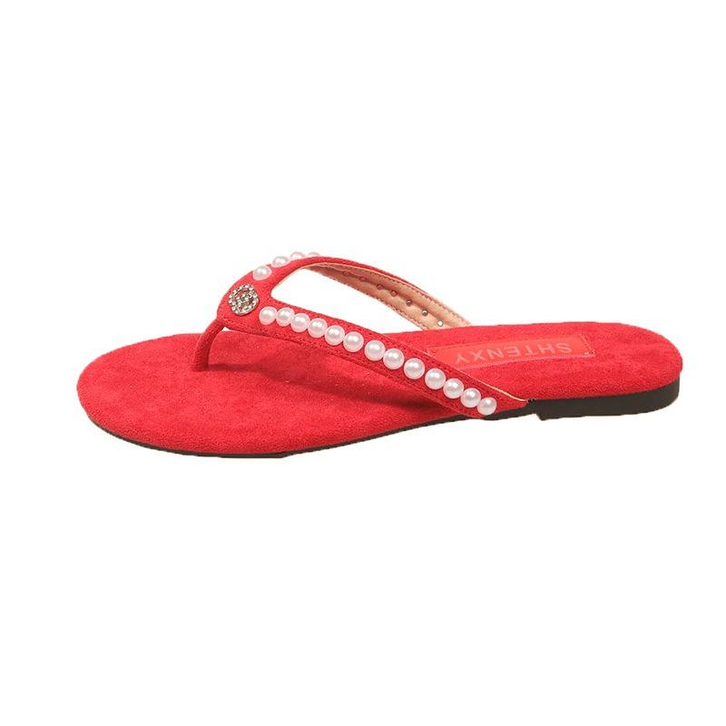 Retro flat-bottomed slippers women's shoes summer wear seaside cool slippers fashionable red flip-flops