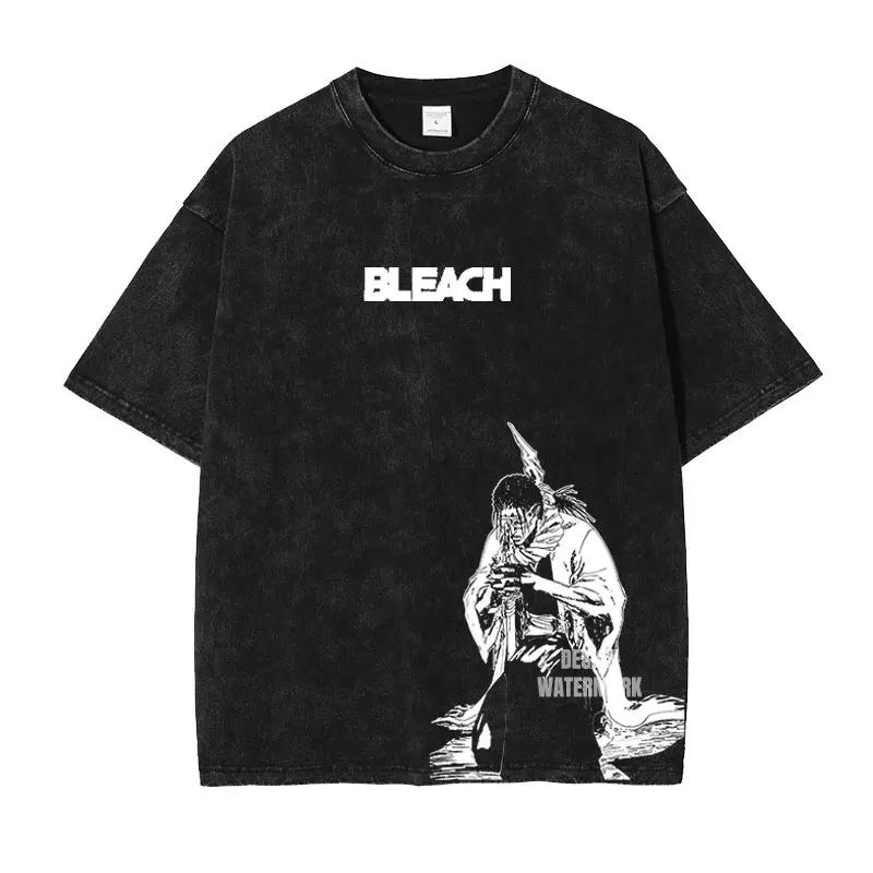 Anime B-Bleach T Shirts Vintage Washed Kurosaki Ichigo T-shirt Streetwear Manga Renji Zaraki Kenpachi Tops Tees Man