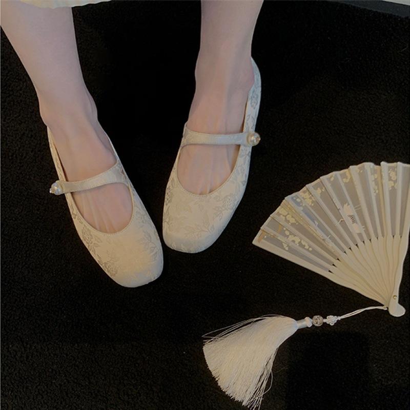 ~ Pearl word with square head jacquard Mary Jane single shoes evening jade