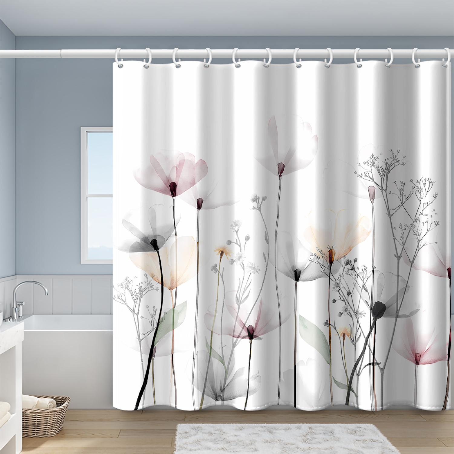

1pc Light Color Plain Floral Shower Curtain with Plastic Hook Floral Bathroom Decoration Colorful Plain Shower Curtain 90X180CM