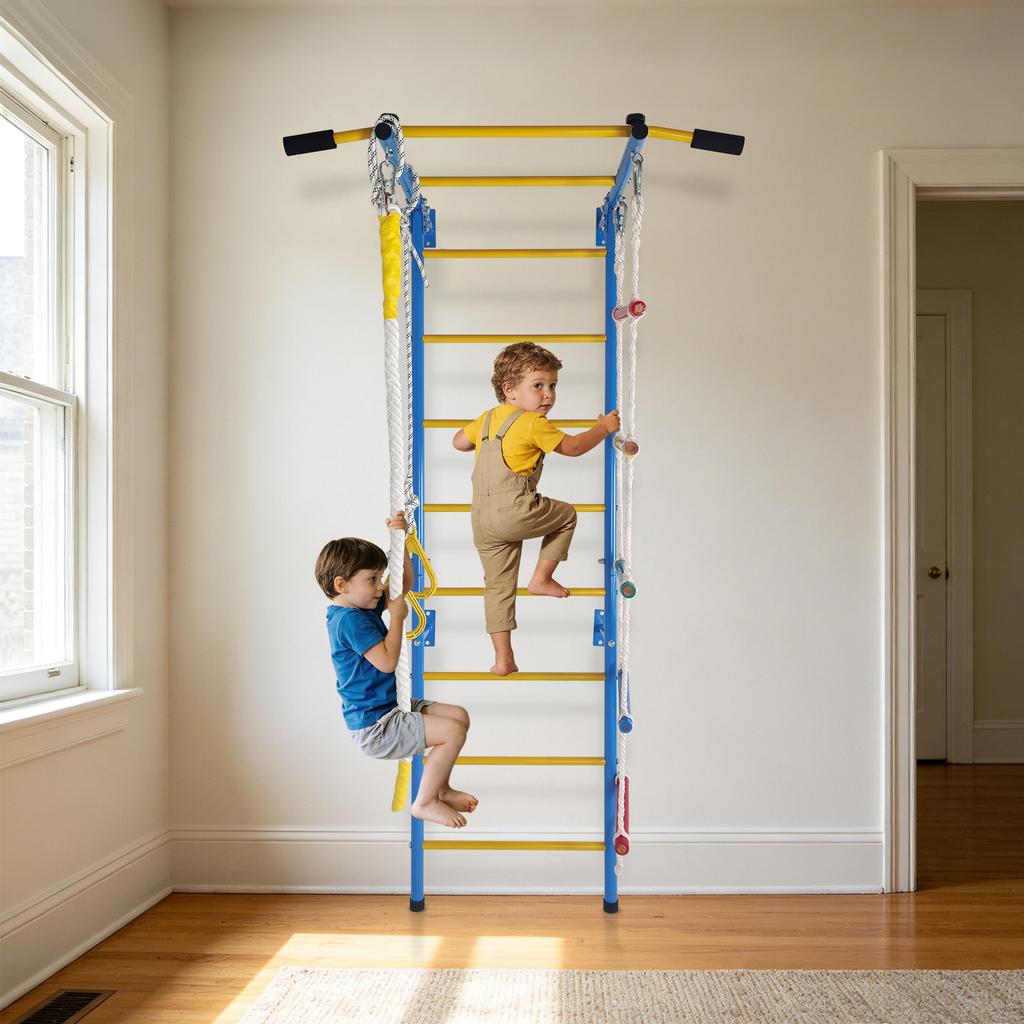 Giochi da Arrampicata 5 in 1 per Bambini Piccoli, Palestrina Indoor per Esercizio, Set Parete Scala in Acciaio con Sbarra per Trazioni, Corda, Anelli da Ginnastica, Regalo per Bambini e Bambine