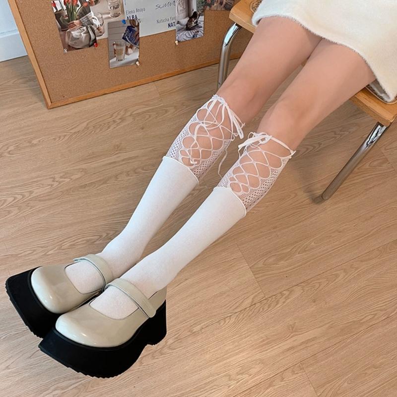 Womens Fashion Lace Mesh Knee Socks Sexy Patchwork Calf Socks Lace Socks for Ladies Decorations Long Fishnet Stockings