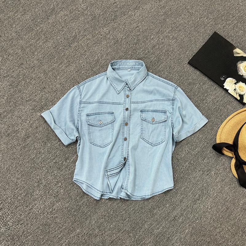 

Джинсовая рубашка женская с коротким рукавом, топ, весна и лето, новинка, повседневная мода, универсальная синяя рубашка XL светло-синий