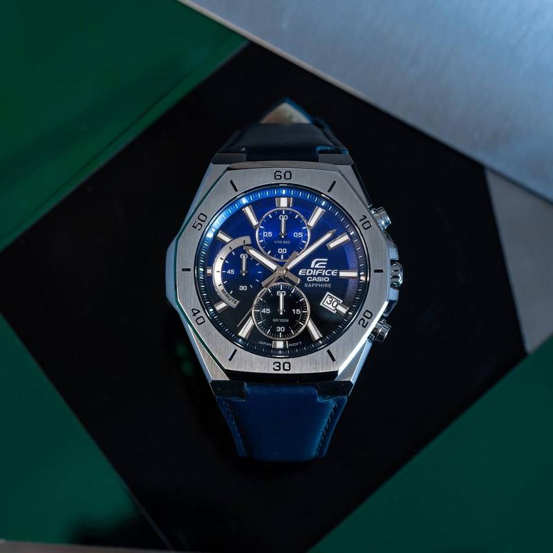 Casio EDIFICE Series Fashion Business Men's Watch Classic Three Eyes Octagonal Dial Blue Quartz Leather Strap Men's Watch Blue Dial EFB-680L-2AVUPR