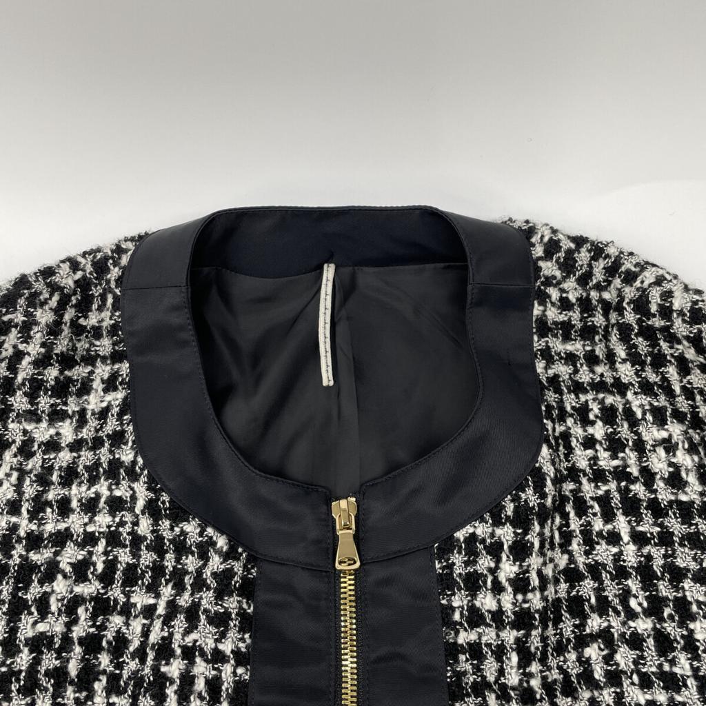 M's Braque 2225702D Black and White Wool Blend Houndstooth Collarless Tweet Zip Jacket Jacket ML Black WhiteUsed