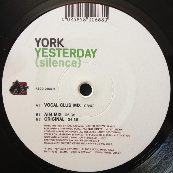 

12-дюймовая пластинка YORK - Yesterday (Тишина) ABCD01056 Alpha+ 2002 Германия Танцевальная и Электронная Б/У