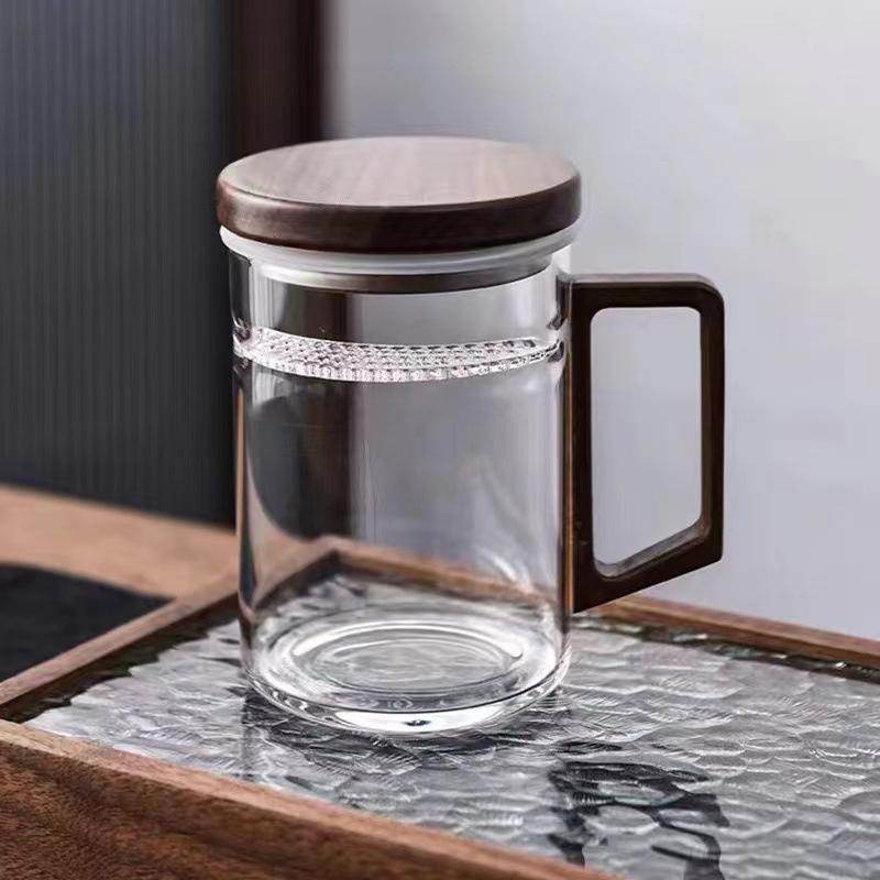 450ml 550ml Heat-resistant Glass Tea Mug With Crescent Filter Wooden Handle Lid Tea Water Separation Cup Drinkware
