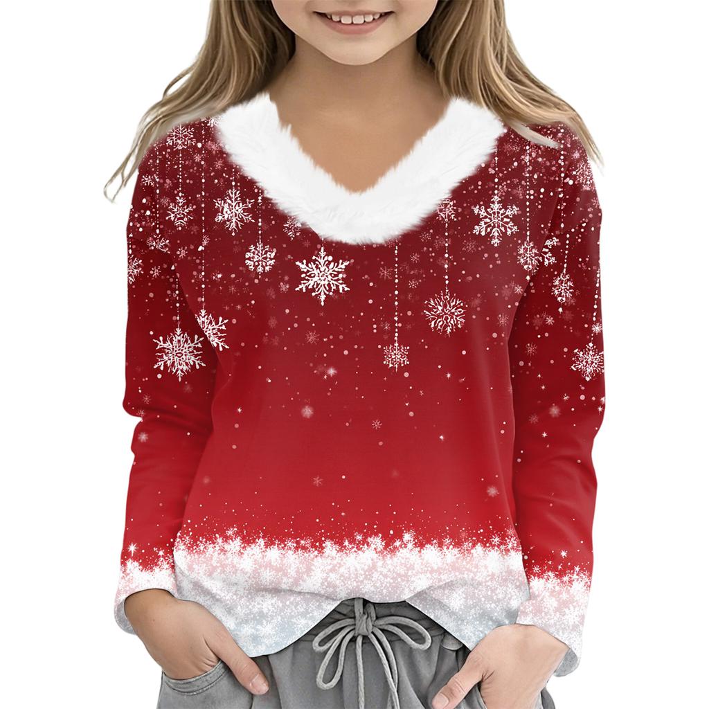 Christmas Day Girls Long Sleeve T Shirts Kids Girls' V-Neck Tee Christmas Print Long Sleeve Top