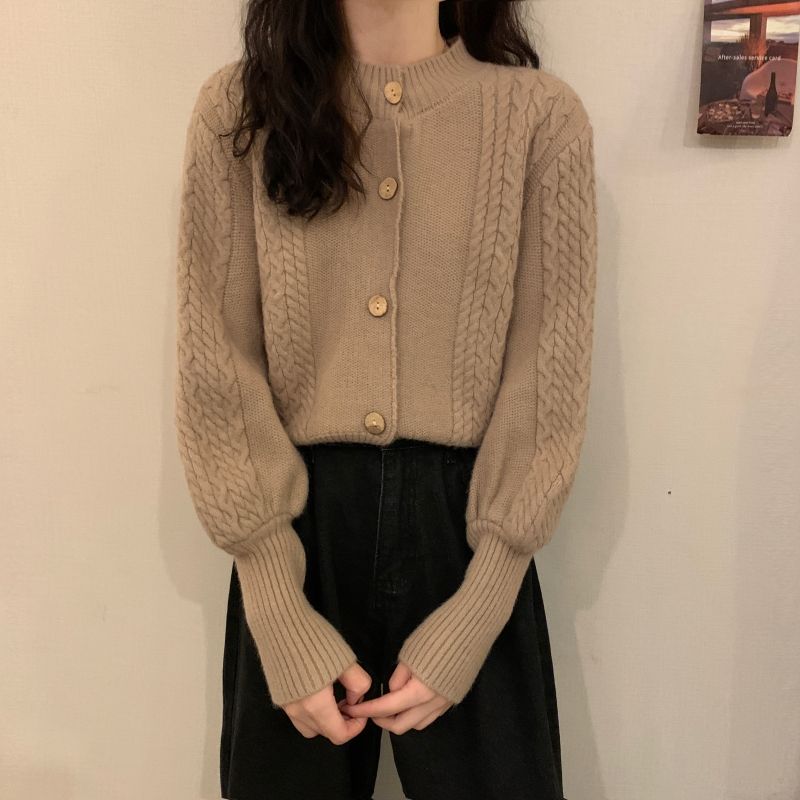Cardigan Female Spring and Autumn 2023 Bubble Long Sleeve Fried Dough Twists Sweater Cardigan Loose Top Short Knit Coat Women