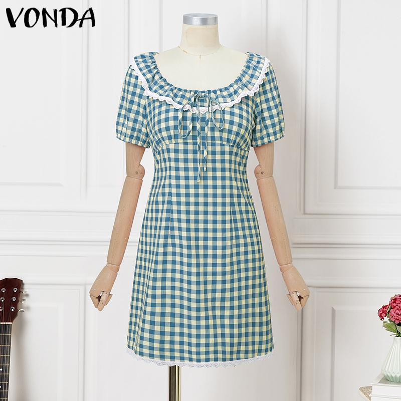 

VONDA Summer Women Ruffled Neck Short Sleeve Bow Plaid Bodycon Mini Dress 2XL синий
