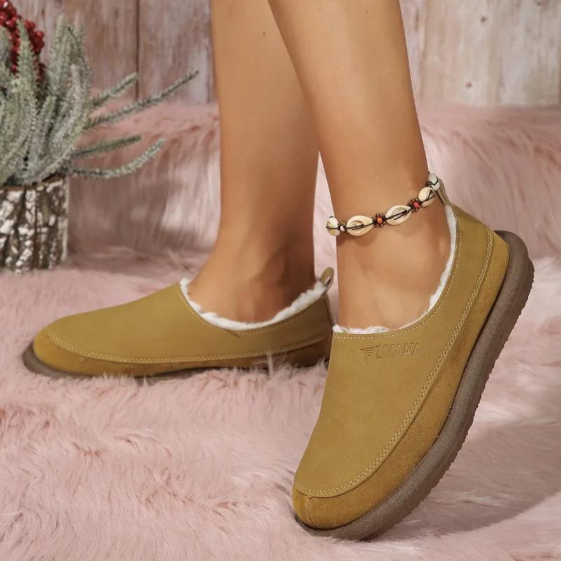 2024 Winter Women's Shoes Fashion Round Toe Solid Color Low Heel Slip-on Velvet Lined Warm and Comfortable Women's Flat Shoes
