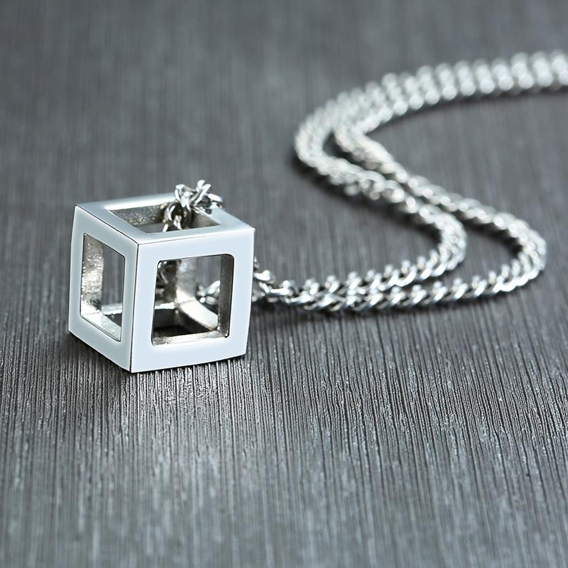 3D Square Pendant Necklaces for Men Boys,Hollow Geometry Stainless Steel Pendant Collars,Trendy Male Jewelry Gifts