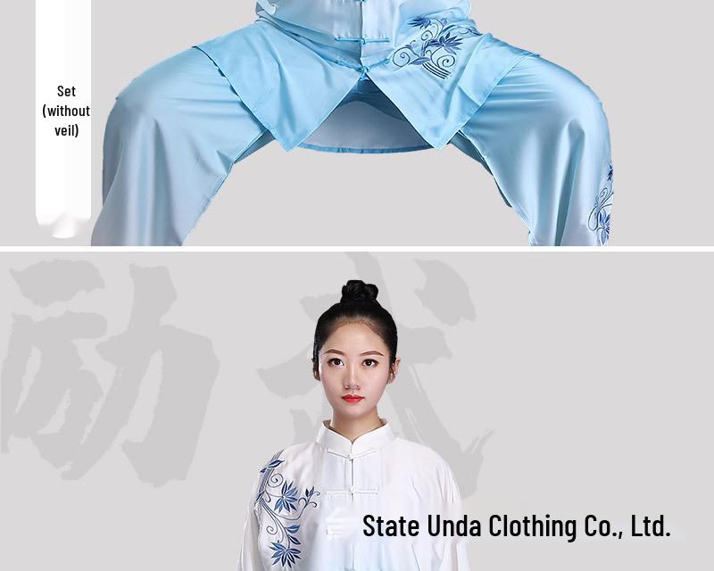 Blue & White Porcelain Gradient Tai Chi Suit: Embroidered Performance & Practice Attire for Women & Men.