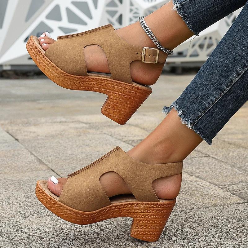 Lucyever Leopard Print Wedge High Heel Sandals Women 2025 Summer Back Strap Thick Heels Sandles Woman Peep Toe Gladiator Sandals