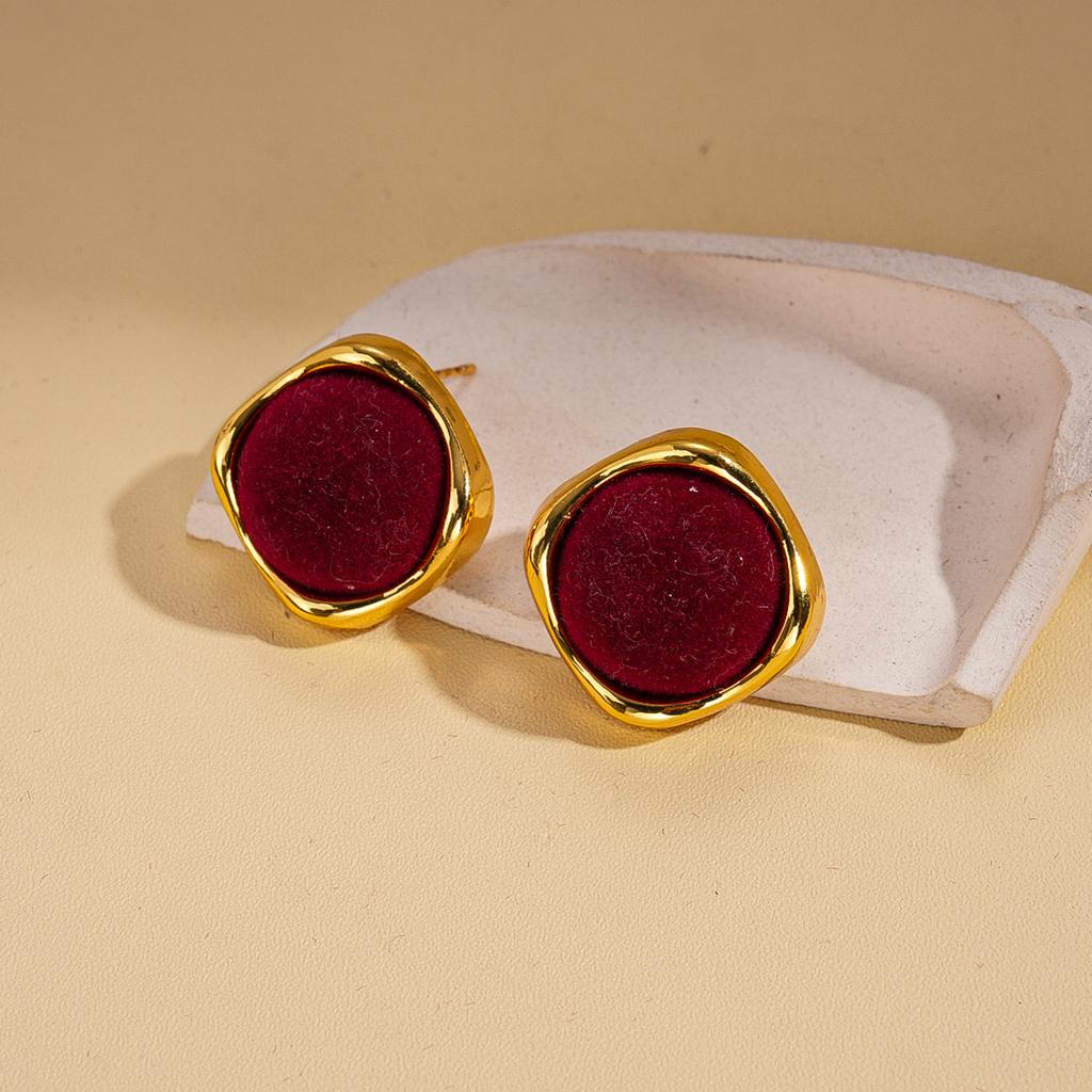 Wind Flocking Geometric Square Round Silver Needle Earrings Ankola Red Autumn and Winter Earrings