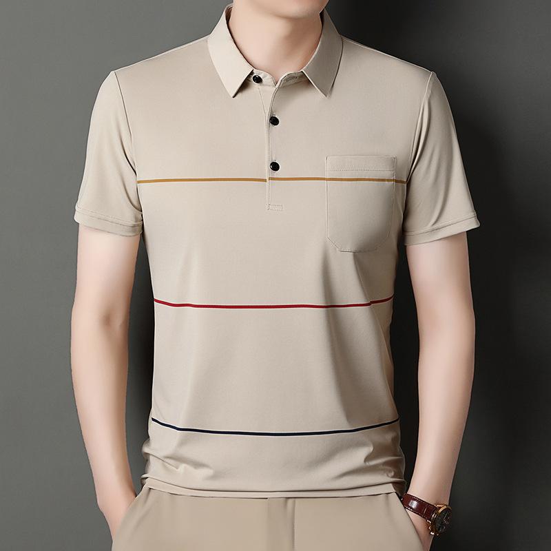 

Мужская футболка с коротким рукавом и лацканами в полоску, с настоящим карманом, деловая, среднего и зеленого цвета, повседневная, дышащая 4XL