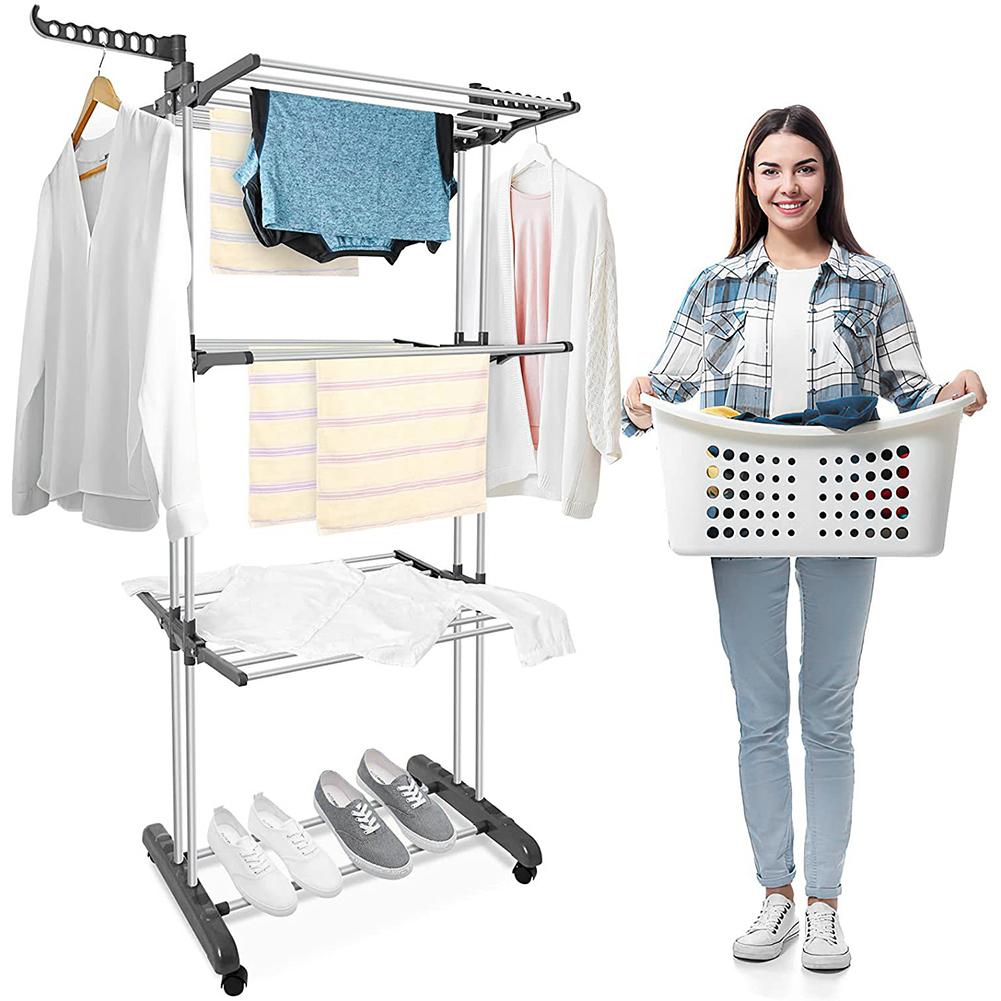 4-Tier Foldable Drying Rack Free Standing Movable Laundry Rack with 4 Castors Rolling Clothes Horses Dryer Rack W/ 4 Drying Pole