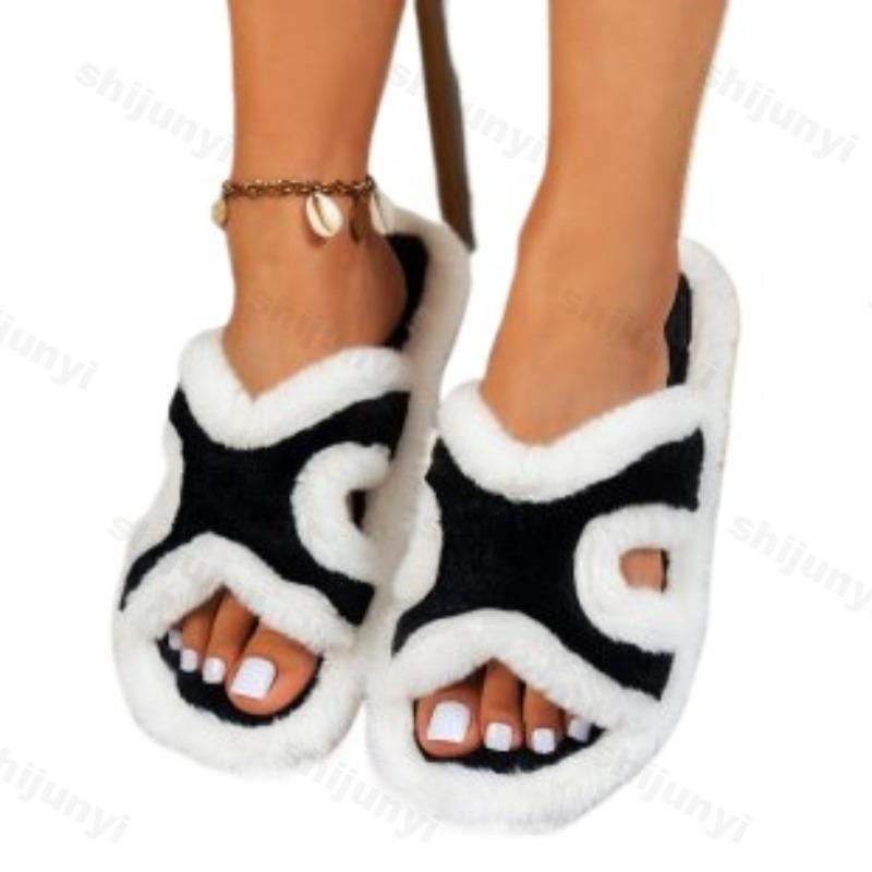 Fashion Fashion Concise Design Casual Flat Plush Slippers for Women 2025 Autumn New Soft Soled Comfortable Open Toes Breathable Draggers