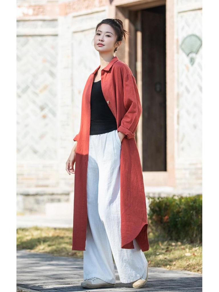 2026 Spring Women's Artistic Sand-Washed Cotton Linen Lapel Long Coat - Loose, Slimming Outerwear Cardigan