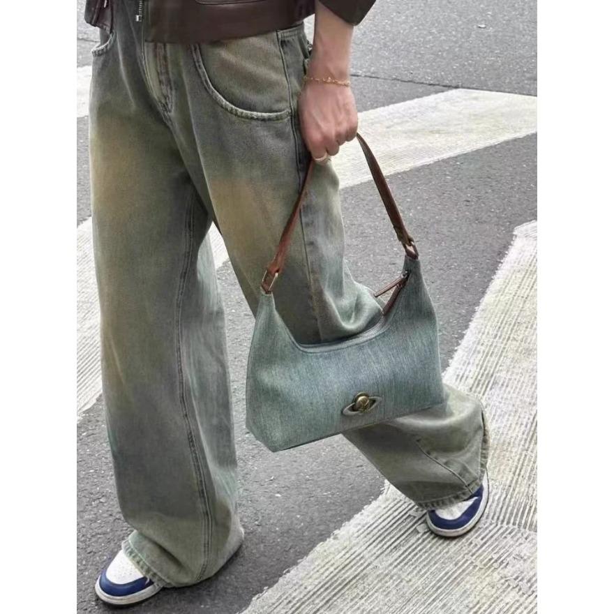 New Denim Canvas Shoulder Bags Casual Blue Top Handle Bags for Women Y2k Underarm Bags Fashion Female Planet Decor Handbags