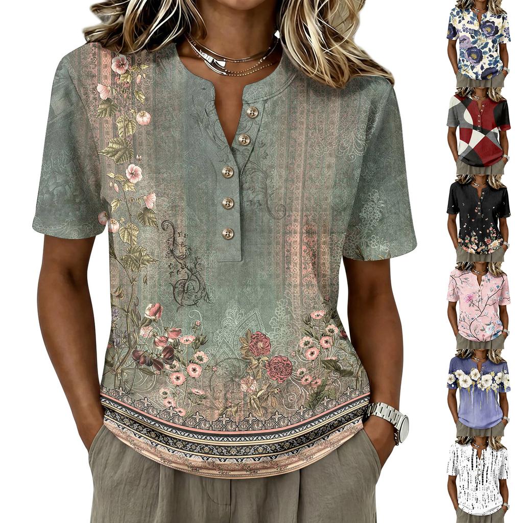 Women Short Sleeve Henley Neck Button Shirt Floral Print Linen Cotton Blend Casual Blouse Lightweight Summer Top