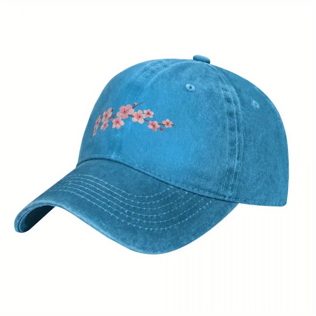 Cherry Blossom Pink Floral Print Washed Denim Baseball Cap Casual Adjustable Unisex Cotton Hat