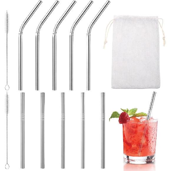 10 Pack Short Metal Straws, Reble Straight Straws, 5 Straight 5 Bent, 304 Stainless Steel Straw, 5 Inch Cocktails Drinking Straws with 2 Cleaning