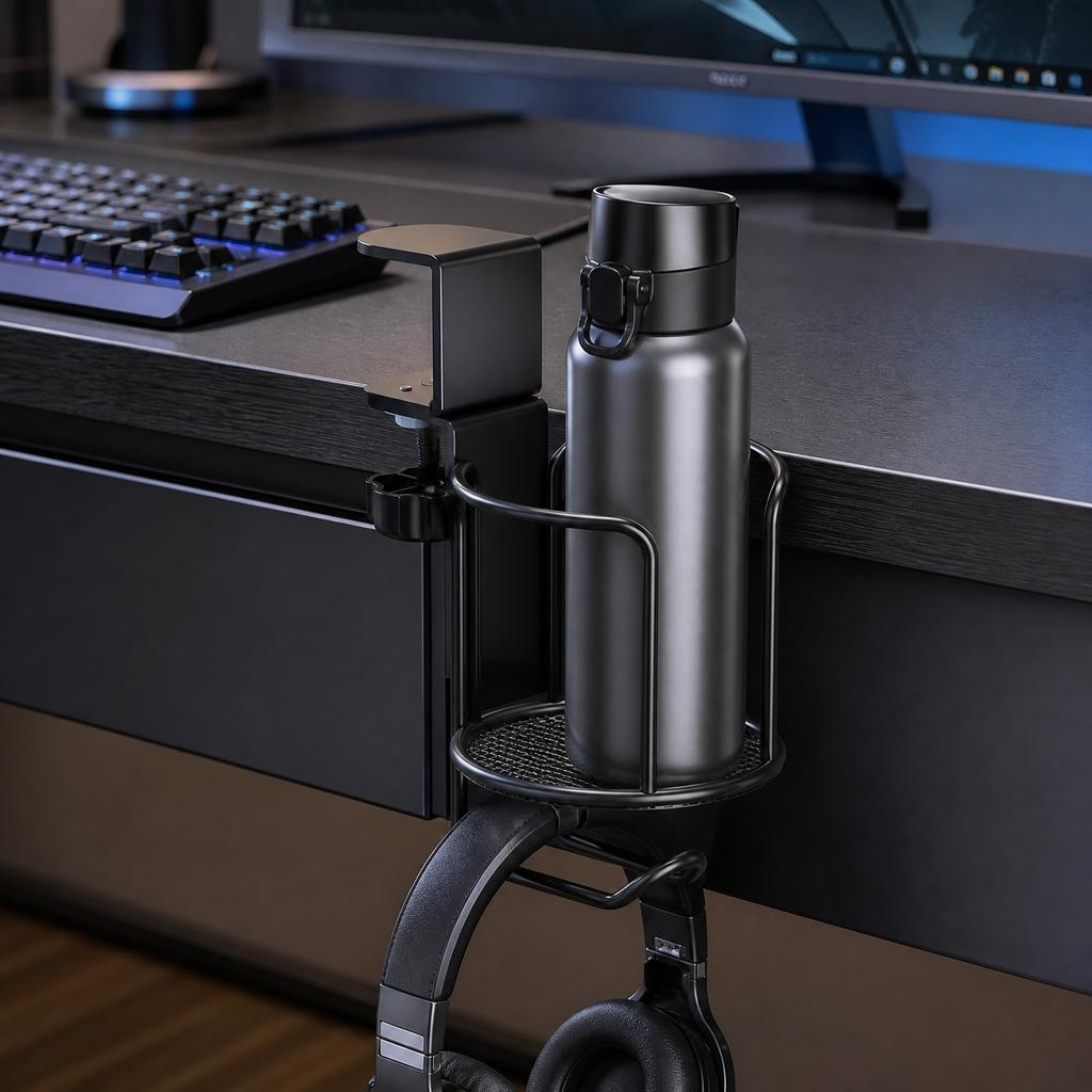 Rotatable Clip-On Cup Holder for Desk Edge Space Saving Water Bottle Organizer Suitable for Home Office Tabletop Use