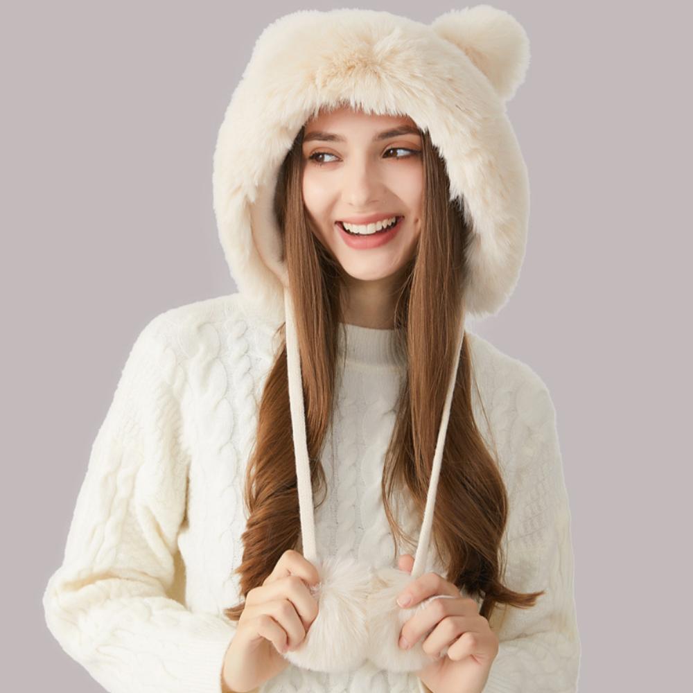 Palarie tricotata cu guler de blana gros si bile de blana rasucita Palarie tricotata pentru femei Palarie din lana de iarna in aer liber