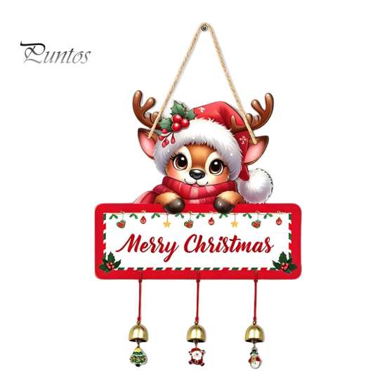 Festive Hanging Ornament Merry Christmas Wooden Wall Door Sign with Bells, Rustic Santa Snowman Indoor Holiday Party Supplies Tree Reindeer Decorative